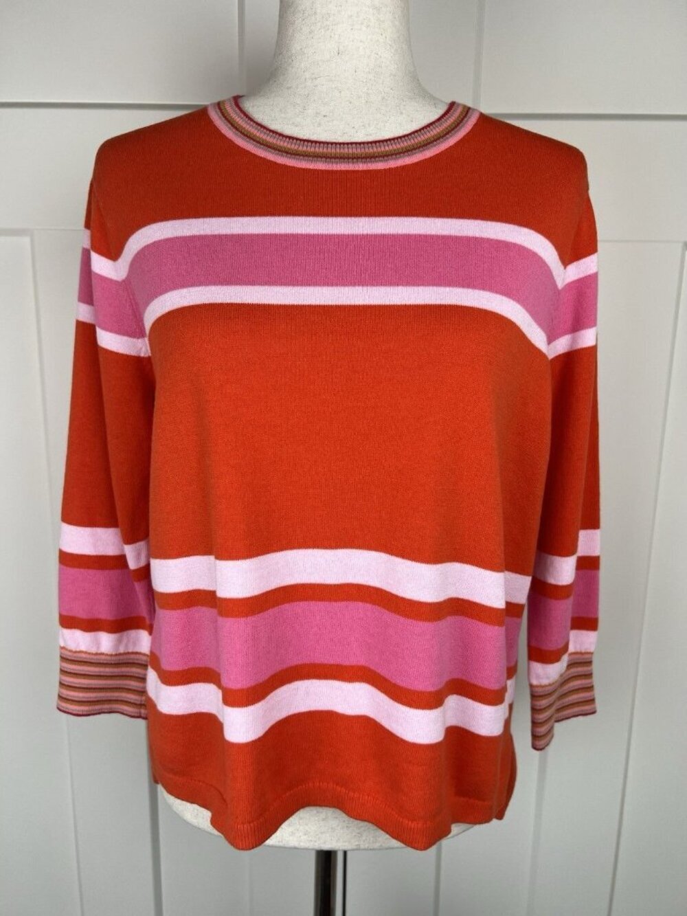 Cabi Cadet Sweater Small Red Pink Stripe Knit Hi Low Hem 3/4 Sleeve 6168 Preppy